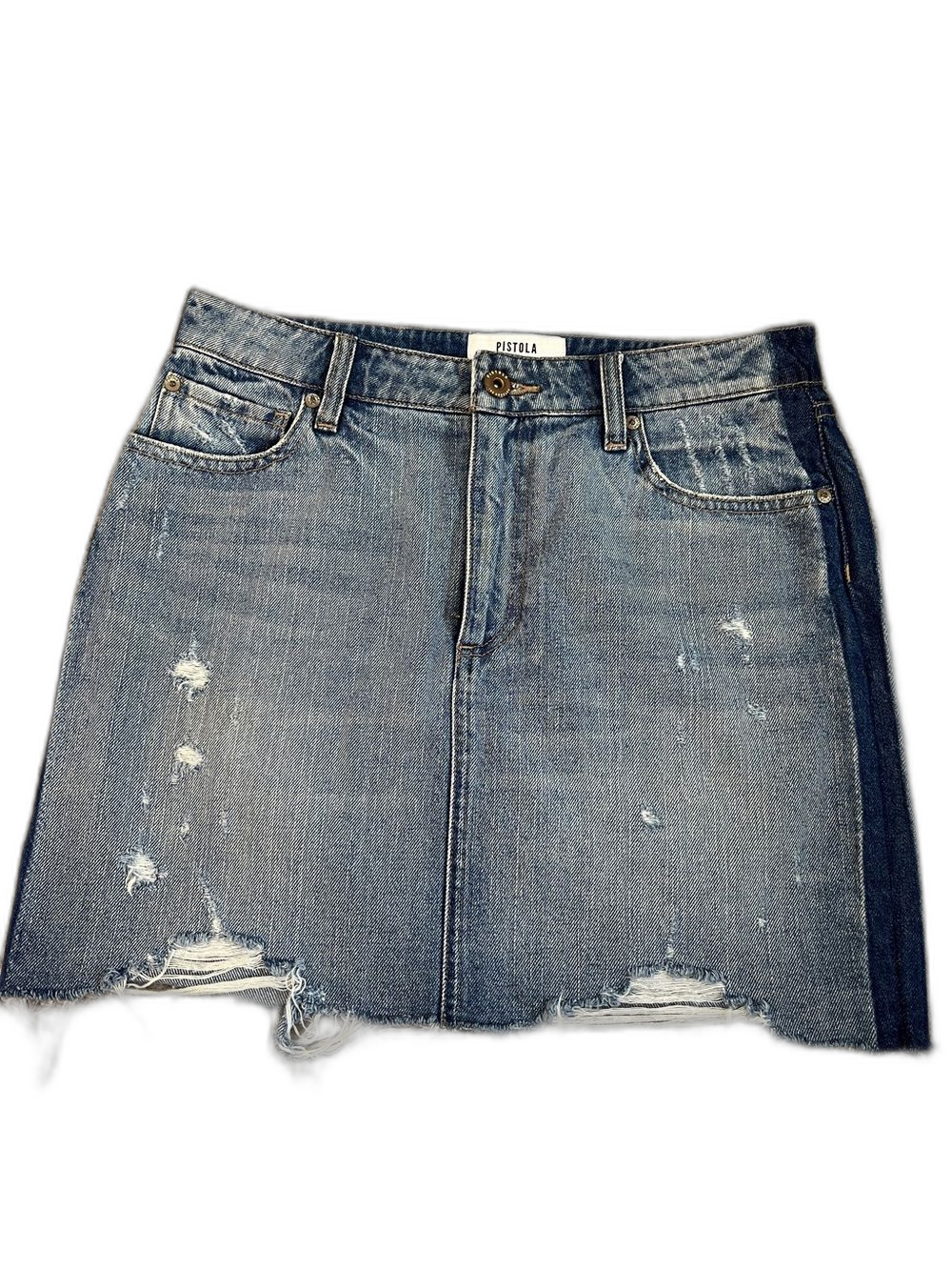 Pistola Distressed Blue Denim Mini Skirt Size 29 Pockets Frayed Raw Hem